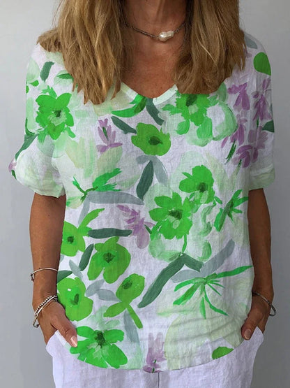 Elina Retro Floral Linen Top